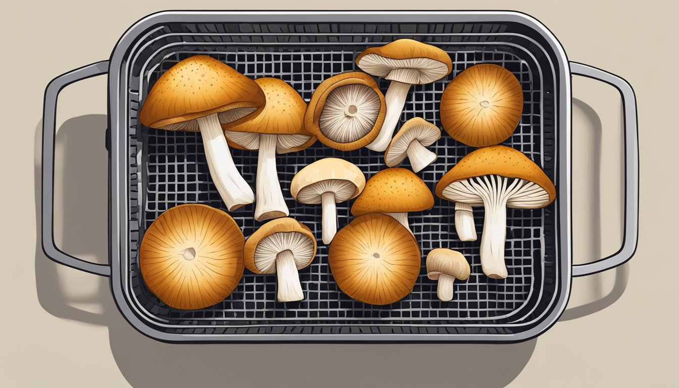 Fresh mushrooms arranged in a single layer inside an air fryer basket, ready for dehydration