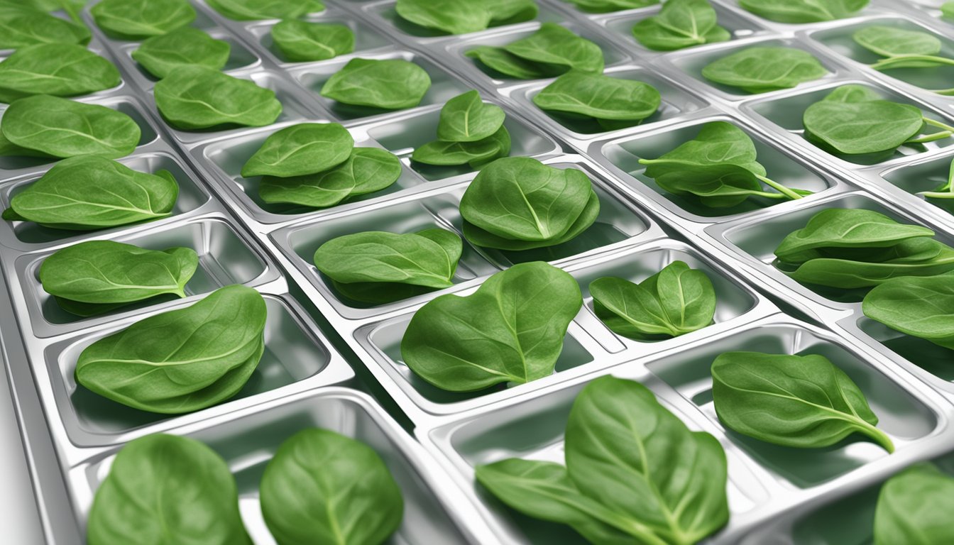 Fresh spinach leaves arranged on dehydrator trays, set to low heat, with the machine's timer displayed