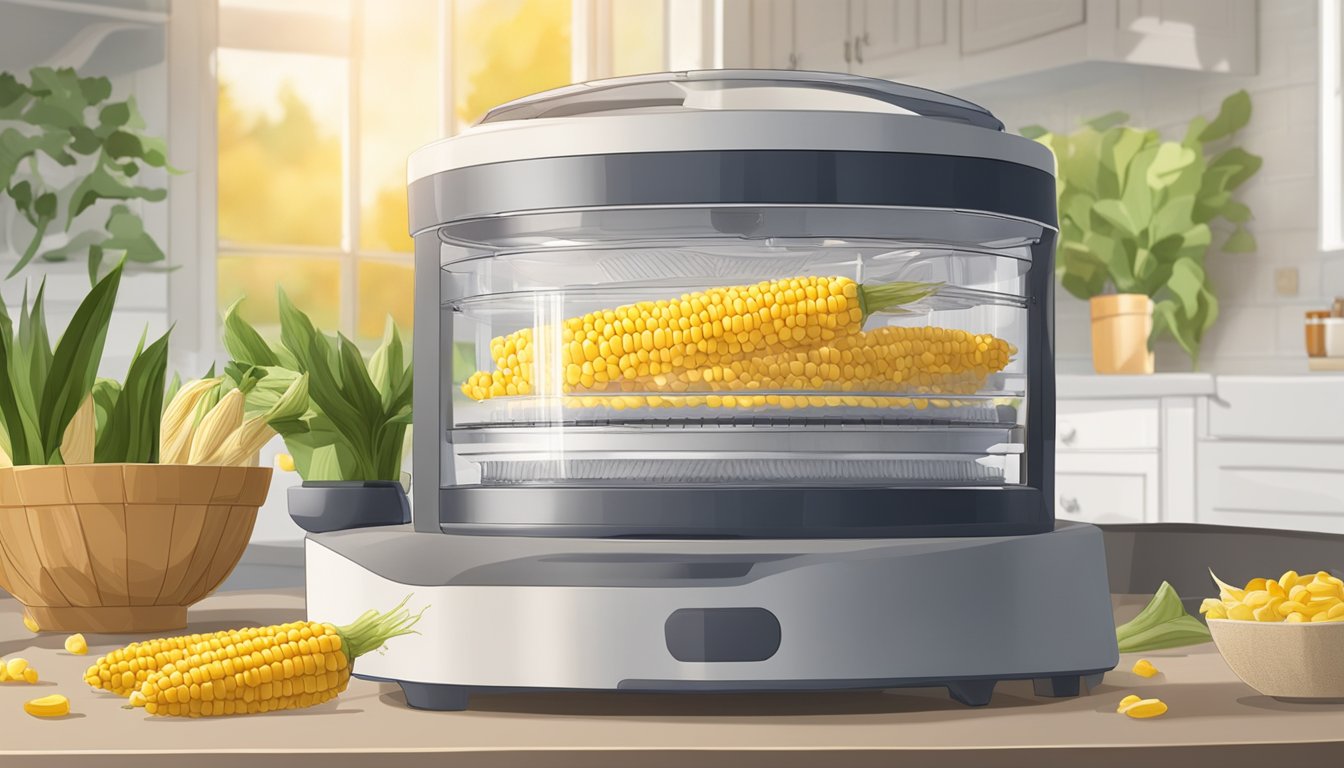 A food dehydrator sits on a kitchen counter, with fresh ears of corn arranged inside. The machine hums as it slowly removes moisture from the corn, transforming it into dried kernels on the cob