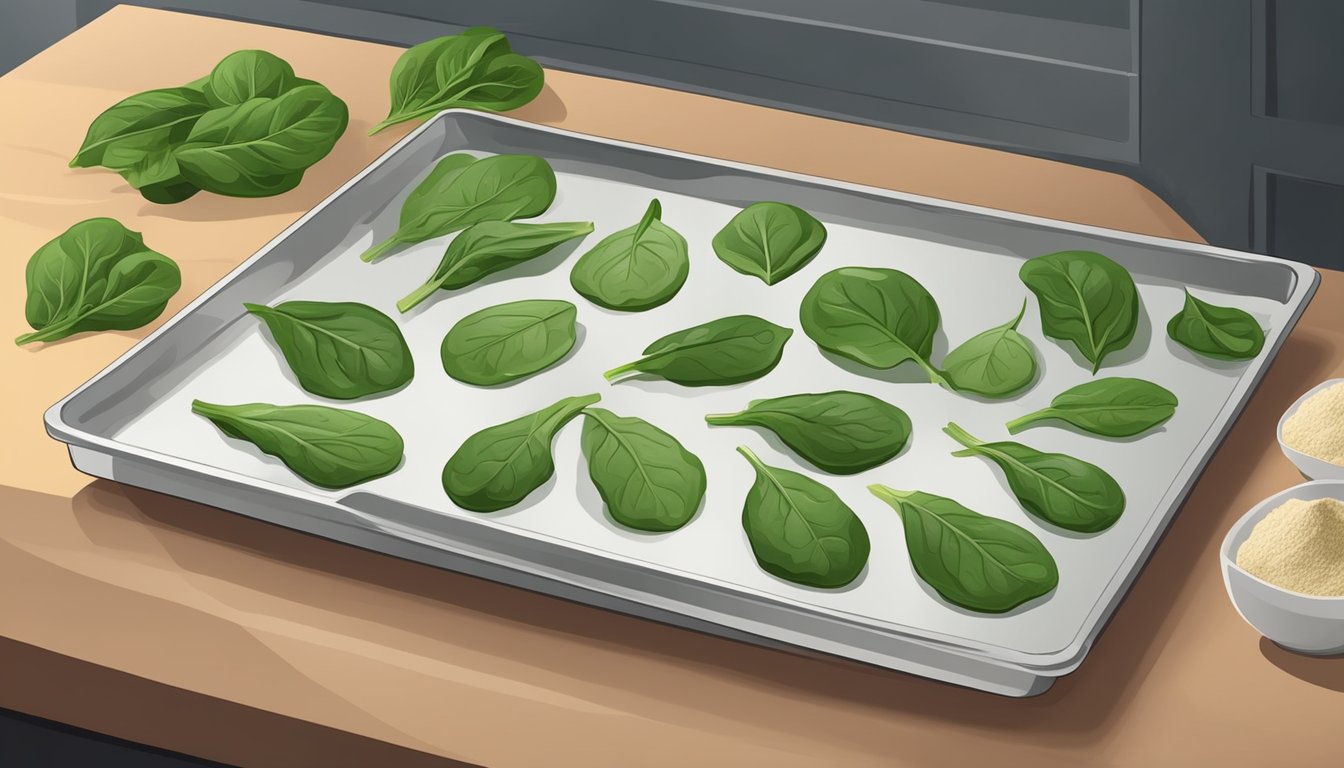 Fresh spinach leaves laid out on a baking sheet, then placed in the oven to dehydrate. Later, the dried spinach is crushed into a powder for use