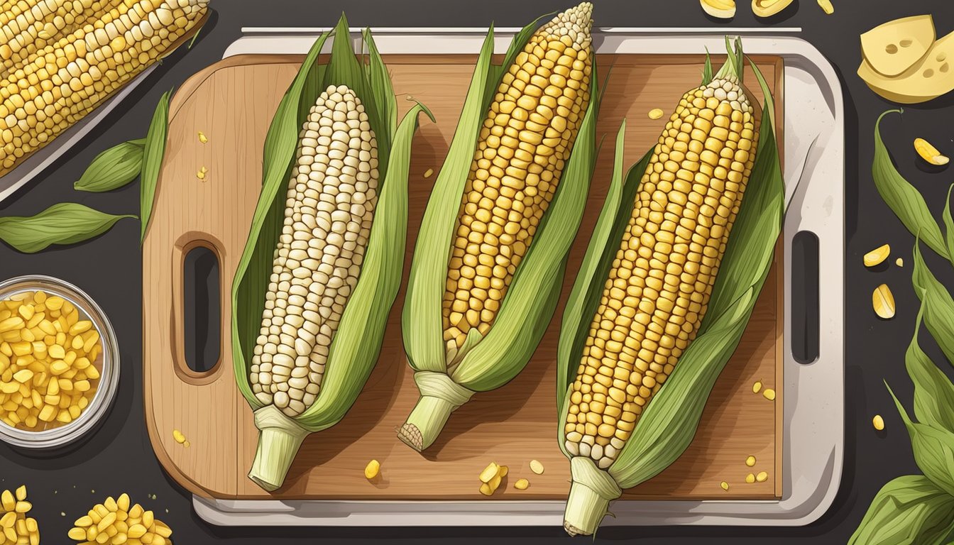 Fresh corn on the cob laid out on a clean, dry surface, surrounded by a dehydrator, knife, and cutting board