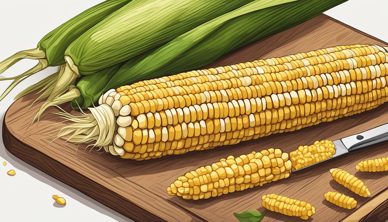 A variety of dehydrated corn cobs arranged on a wooden cutting board, with a knife and a dehydrator in the background