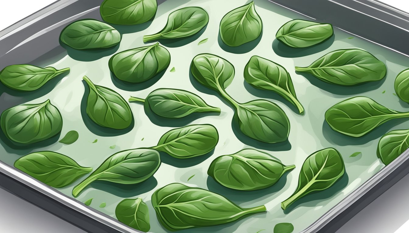 Fresh spinach leaves spread out on a baking sheet, placed in a preheated oven, with the door slightly ajar