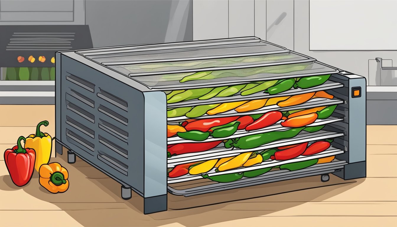 Fresh peppers arranged on dehydrator trays, with the dehydrator plugged in and running