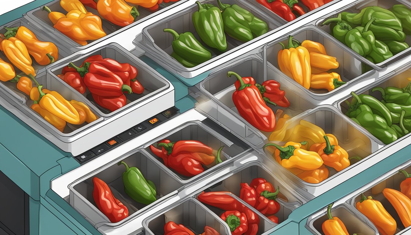 Fresh whole peppers arranged on dehydrator trays, with the dehydrator plugged in and running, emitting warm air to slowly dry out the peppers