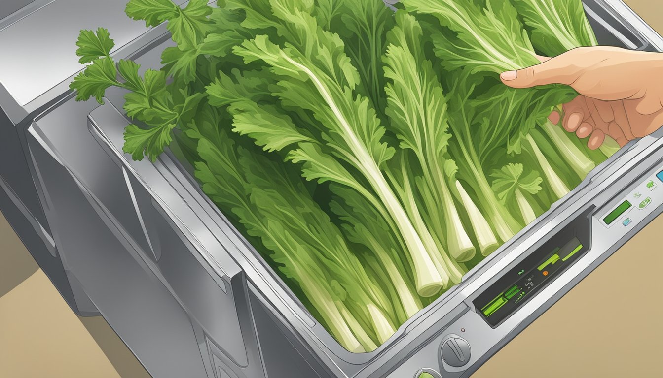 A hand reaching for fresh celery leaves, a dehydrator in the background