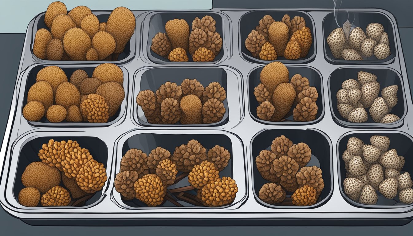 Morel mushrooms arranged on air fryer trays, heat circulating around them, dehydration process in progress