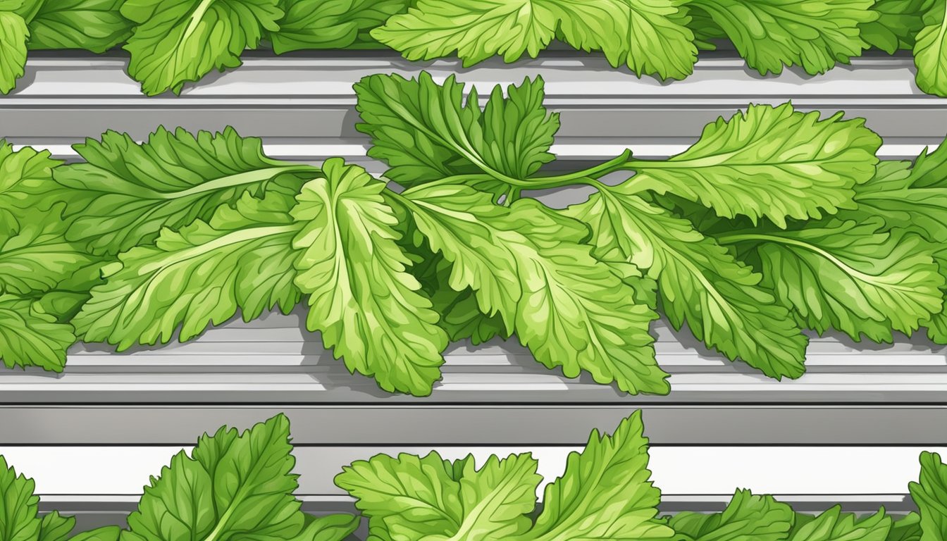 Fresh celery leaves placed on dehydrator trays, set to low heat. Timer set for 6 hours