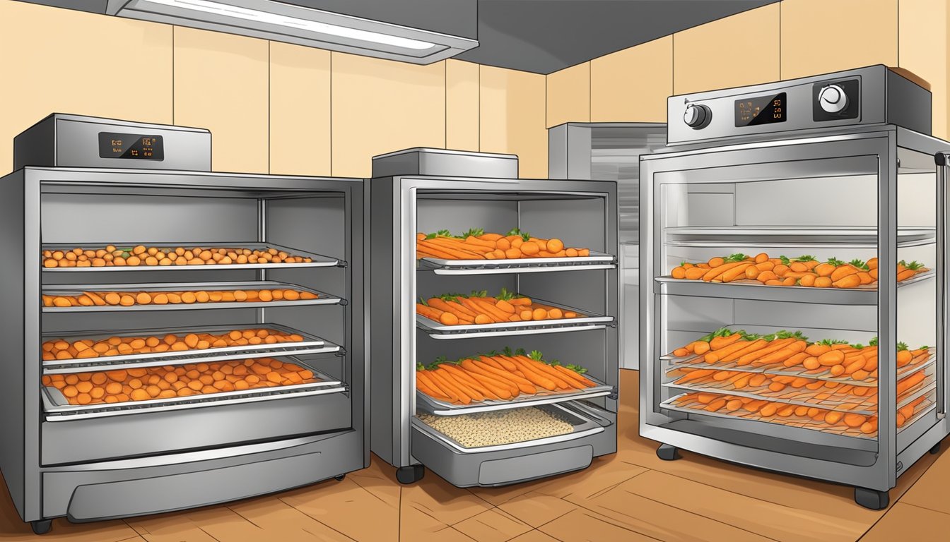 Fresh carrots arranged on dehydrator trays, set inside a warm oven. Temperature and time settings adjusted for dehydration process