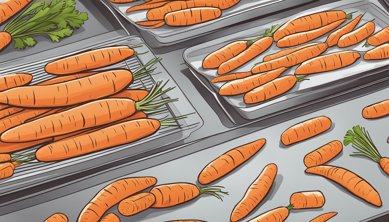 Fresh carrots sliced into thin rounds spread out on a baking sheet, placed in a preheated oven, and left to dehydrate