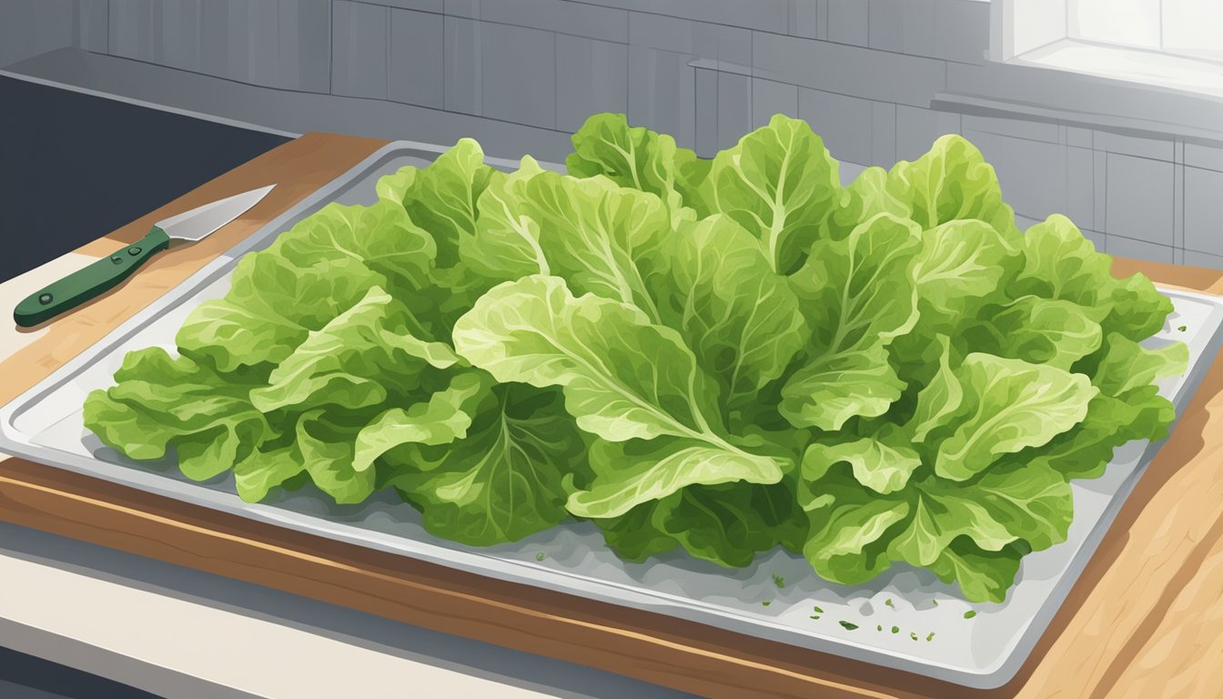 Fresh lettuce leaves laid out on a clean, dry surface, with a knife and cutting board nearby. A dehydrator is set up and ready to use