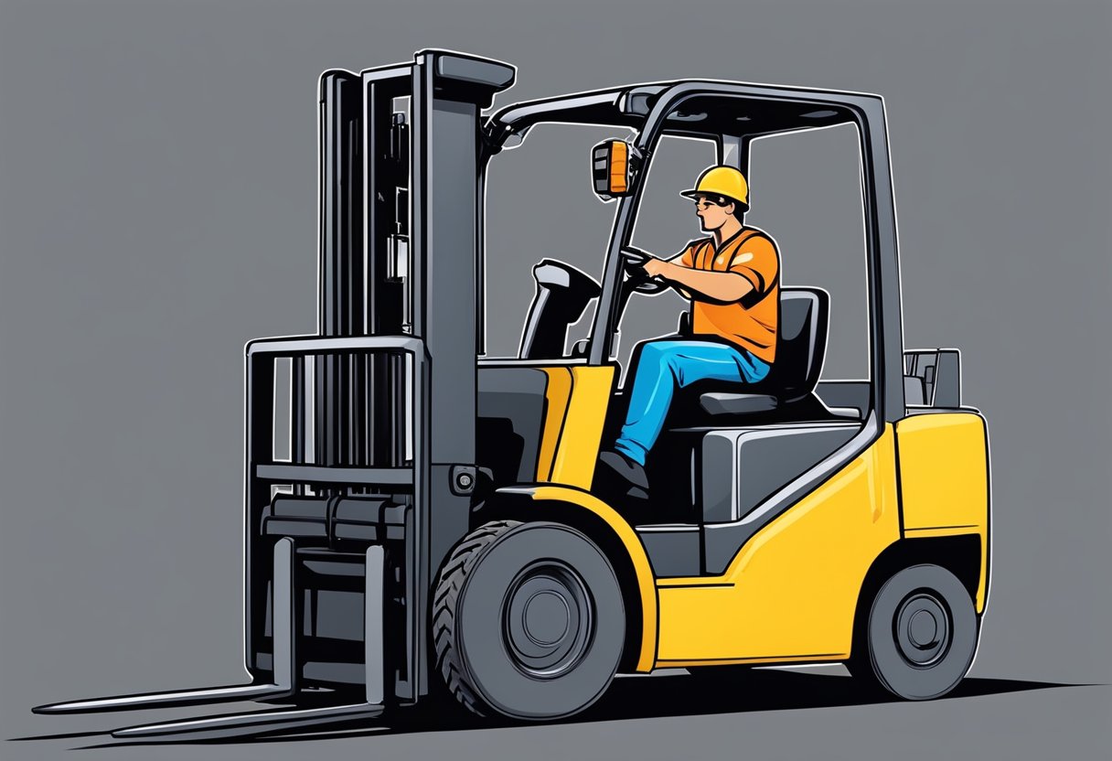 A forklift driver performs a pre-use inspection on the forklift, checking for any damage, leaks, or malfunctions before operating the vehicle