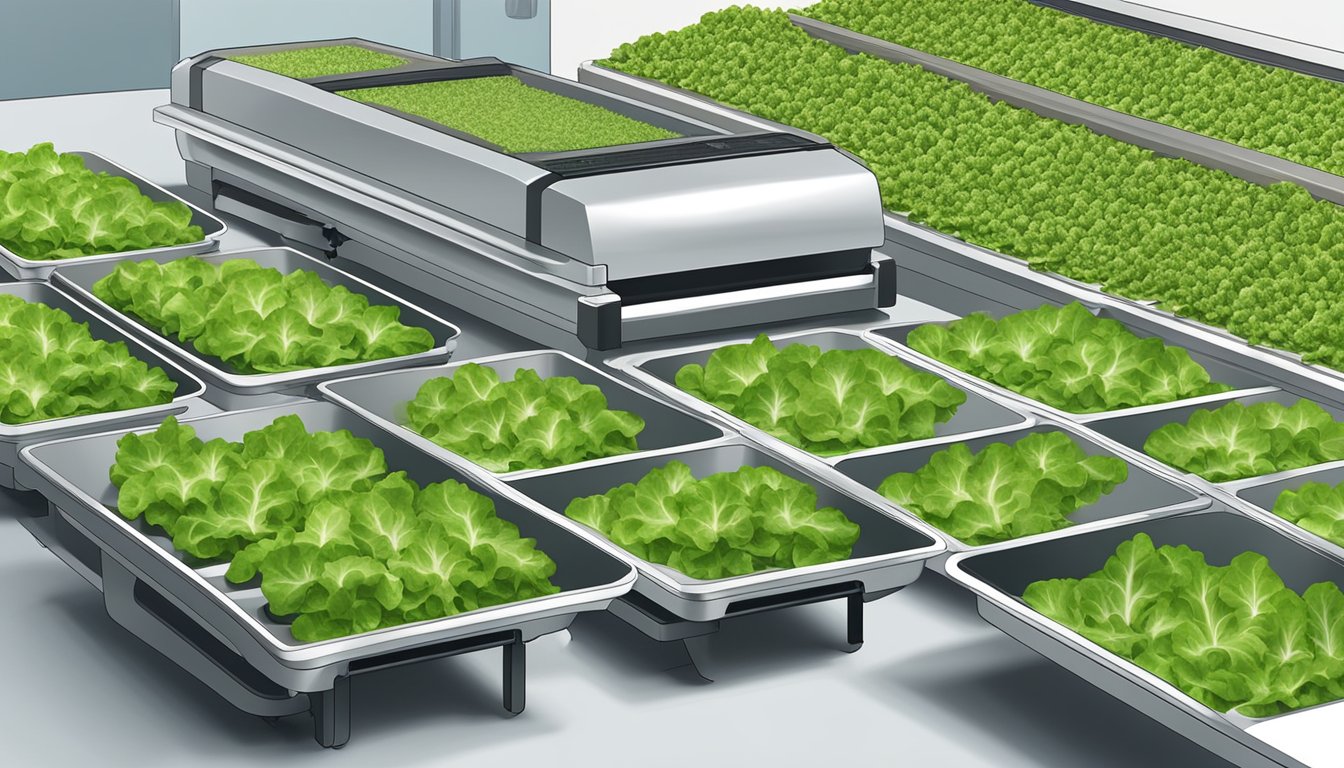 Fresh lettuce leaves laid out on dehydrator trays, with the machine set to low heat, ready for the dehydration process