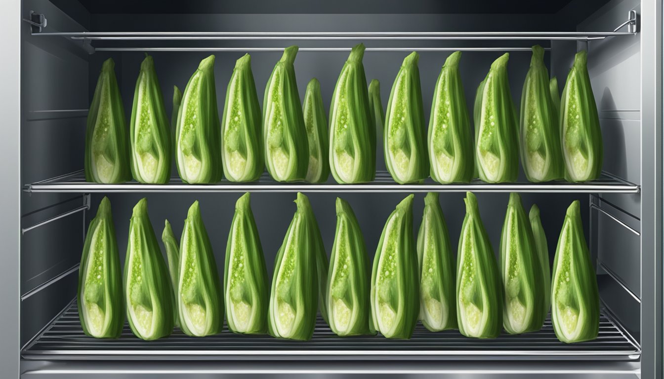 Fresh okra slices arranged on a wire rack inside a preheated oven, with the oven door slightly ajar to allow for air circulation