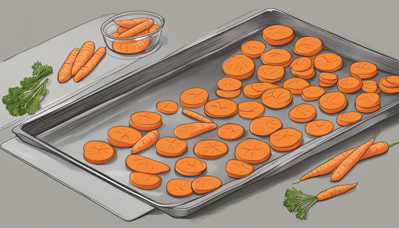 Fresh carrots sliced into thin rounds spread out on a baking sheet, then placed in a preheated oven to dehydrate