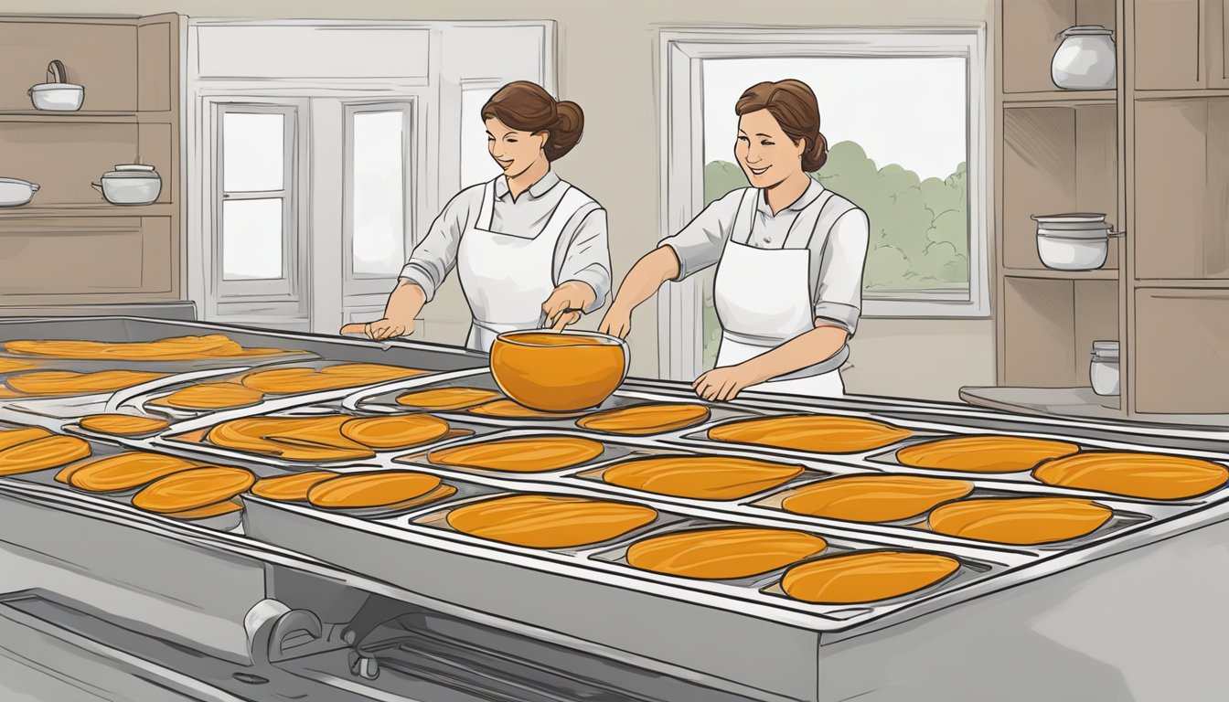 Pumpkin puree being spread onto dehydrator trays, ready for rehydration