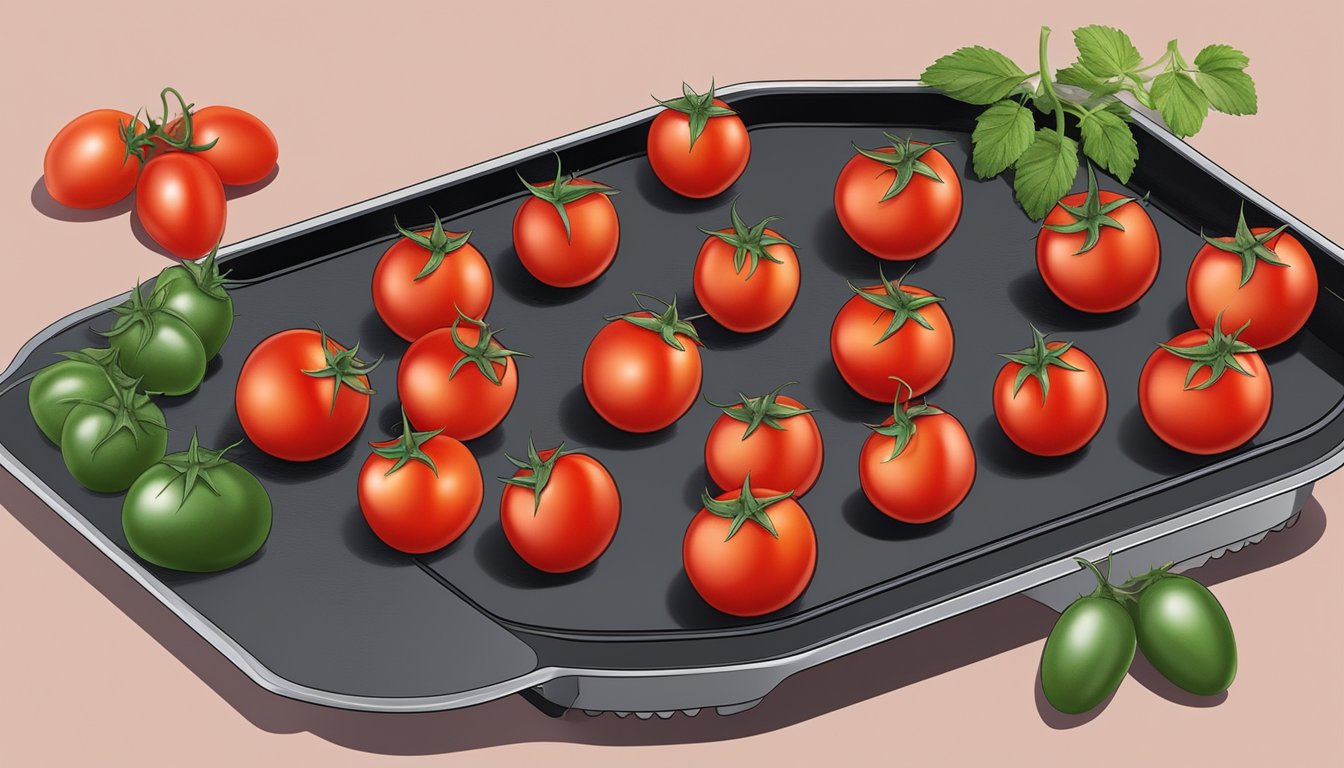 Cherry tomatoes arranged in a single layer on the air fryer tray, with the air fryer set to the lowest temperature for several hours