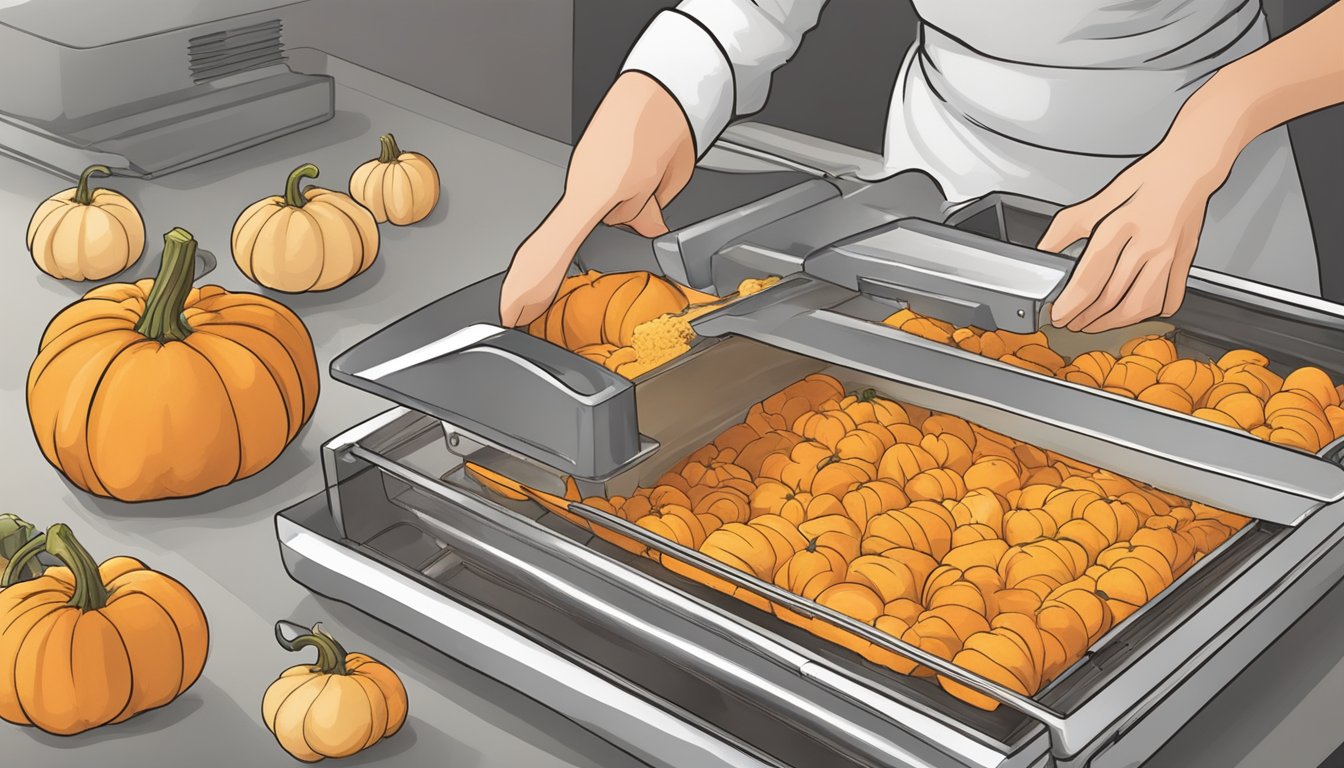 Pumpkins being sliced, scooped, and pureed, then spread onto dehydrator trays