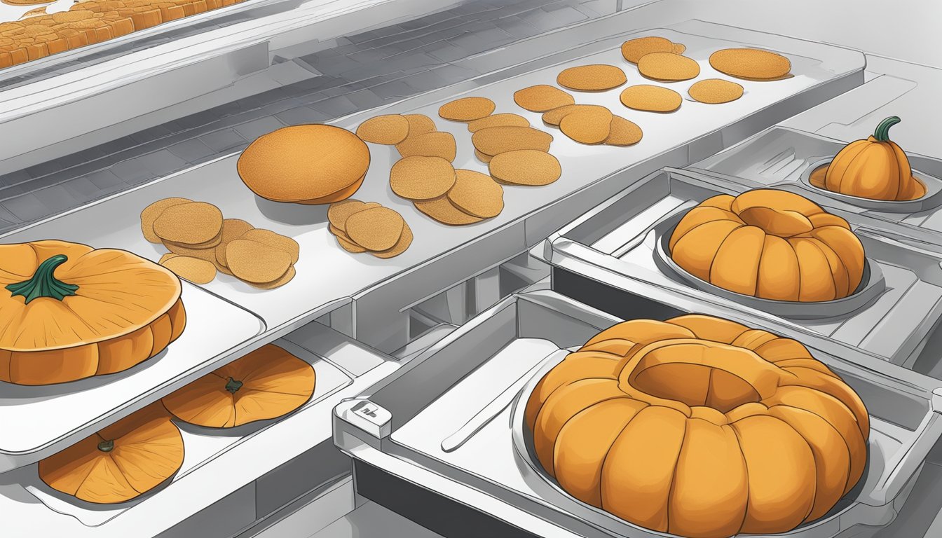 A pumpkin being sliced, pureed, and spread out on dehydrator trays