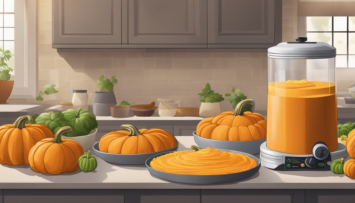 A pumpkin being pureed and spread onto dehydrator trays, with a stack of pumpkins and fresh ingredients in the background