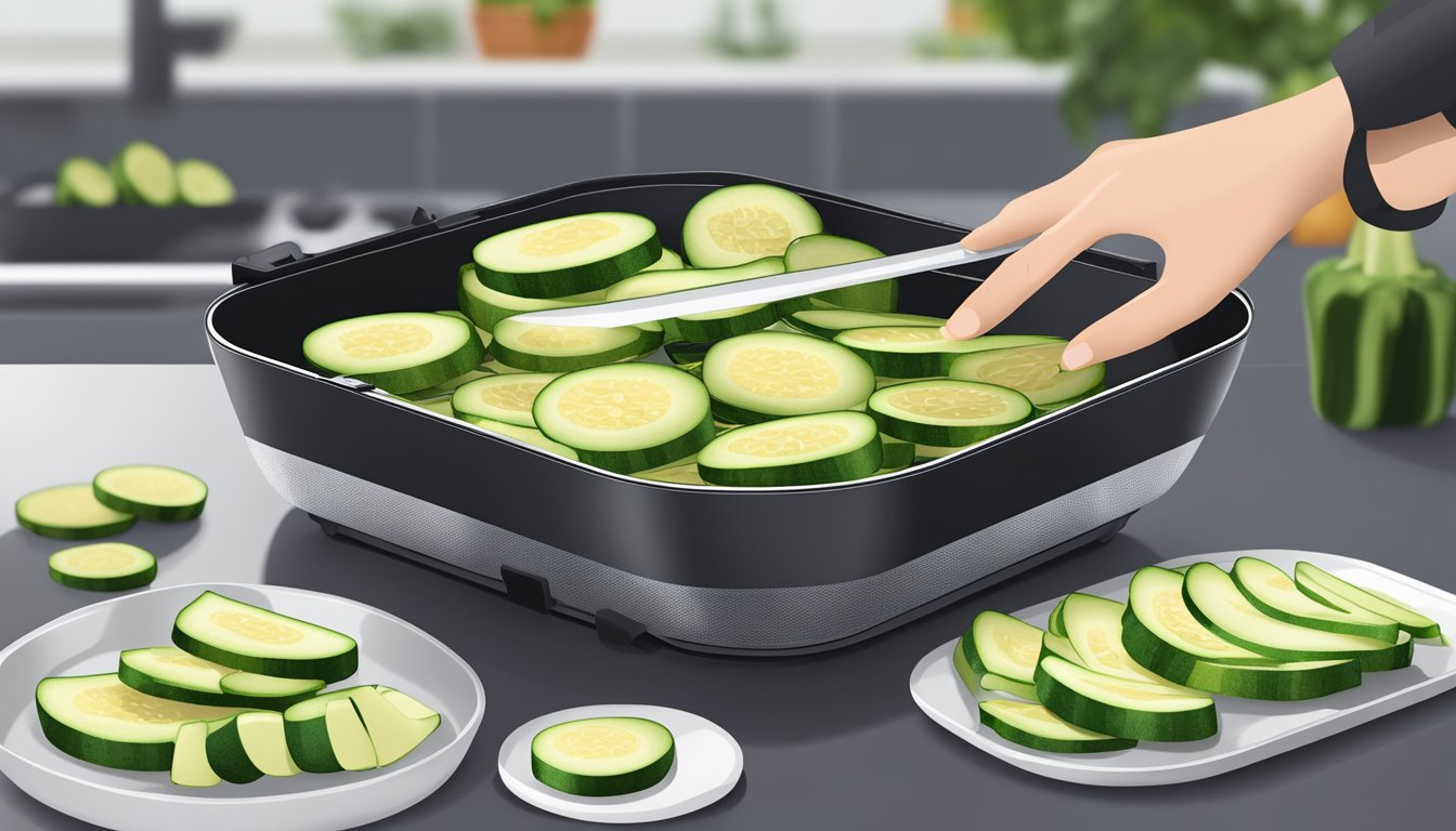 A zucchini being sliced into thin rounds and placed in an air fryer tray, with the air fryer set to the appropriate dehydration setting