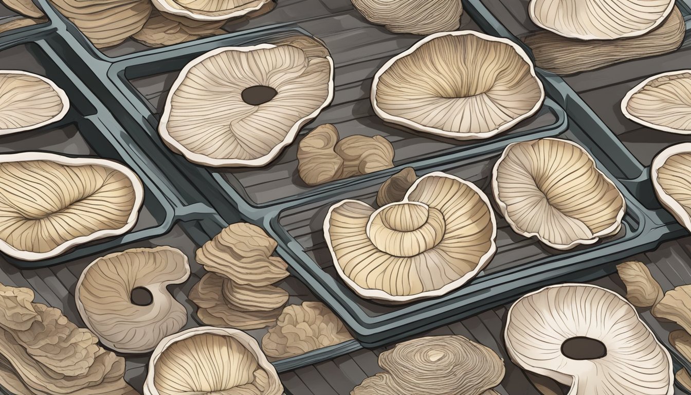 Turkey tail mushrooms laid out on a dehydrator tray, with slices evenly spaced and ready for drying