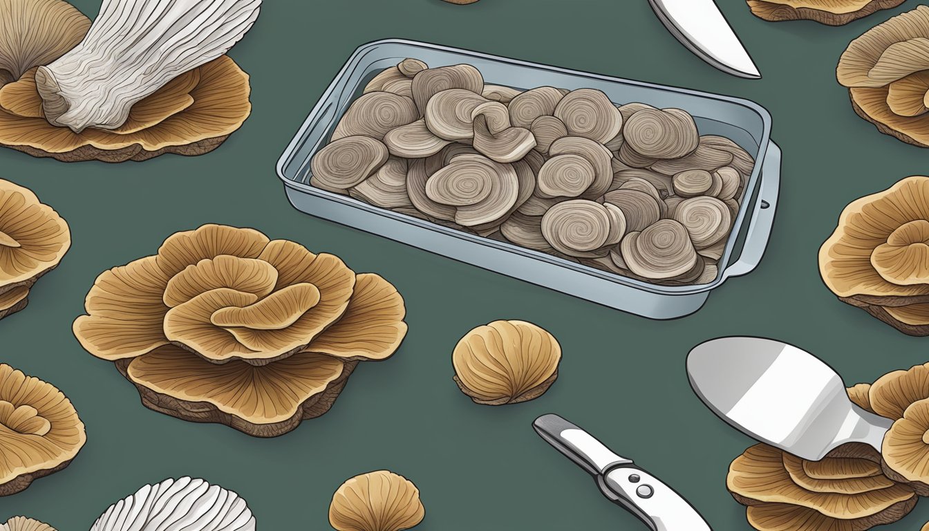 Turkey tail mushrooms arranged on a dehydrator tray, with a knife and cutting board nearby