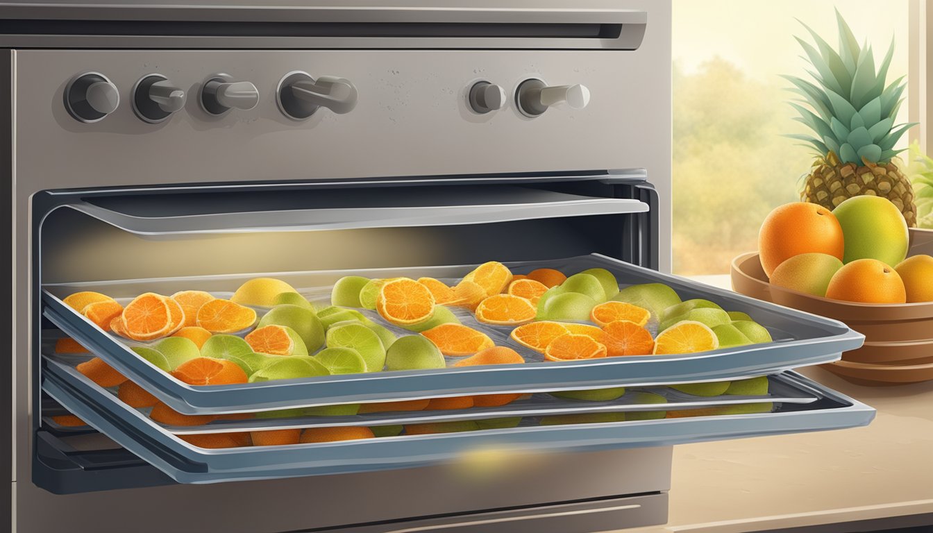 A tray of fruit pulp sits in an open oven, heat waves rising as the moisture slowly evaporates, leaving behind dehydrated fruit