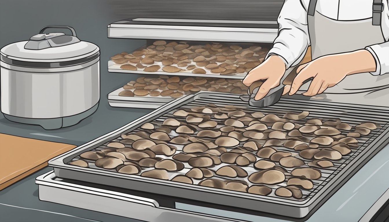 A person slices turkey tail mushrooms and places them on a dehydrator tray. The dehydrator is set to a low temperature to dry out the mushrooms