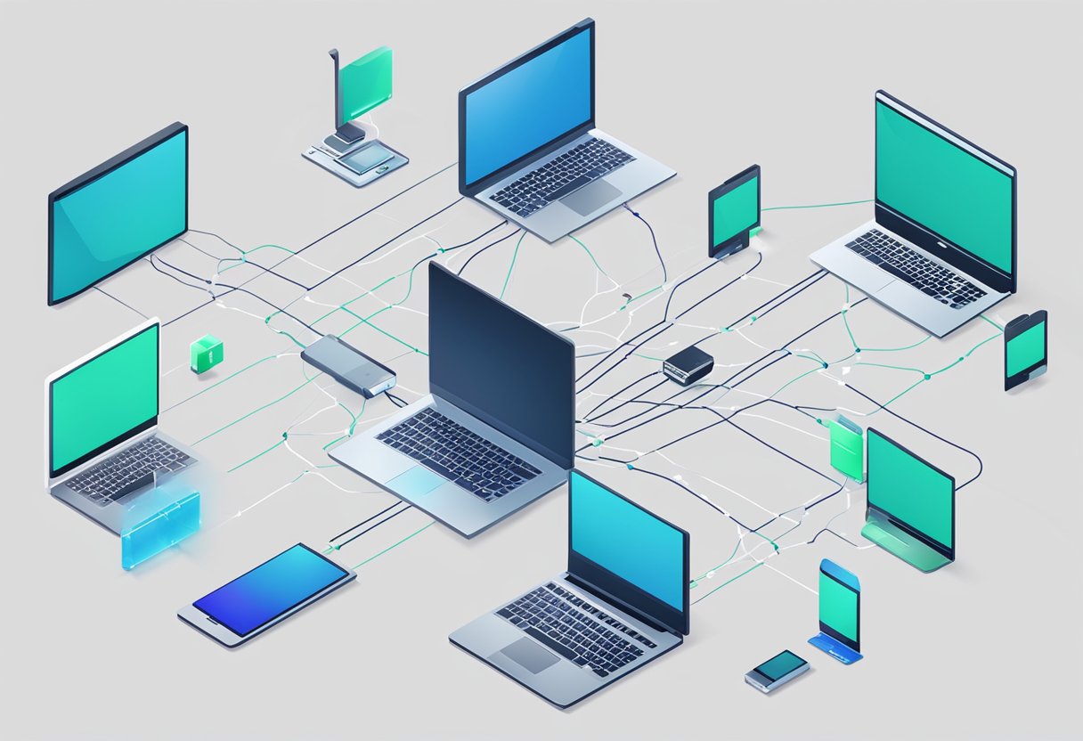 A network of interconnected electronic devices with data flowing through them