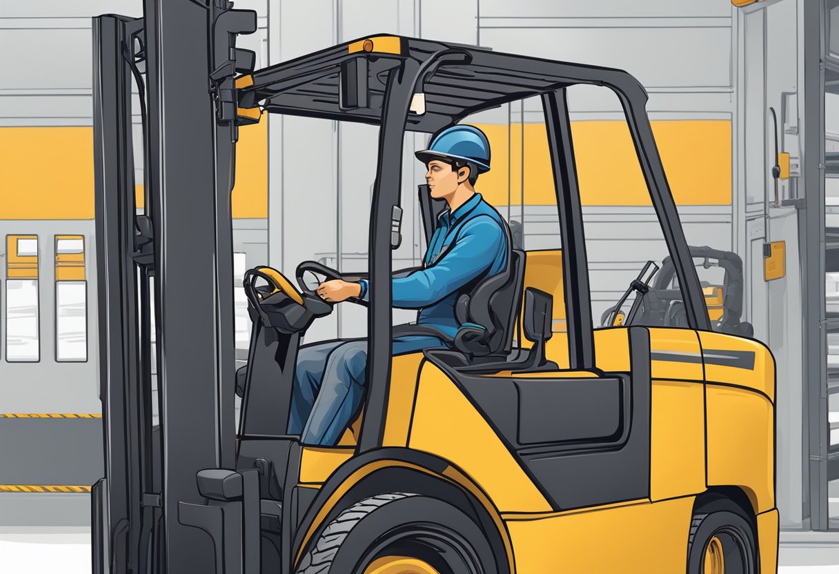 A forklift operator troubleshooting a CAN bus system with diagnostic tool