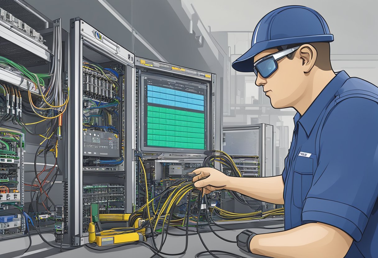 A technician connects cables to a VE.Net 2000/12 device with a can bus code, while monitoring and networking equipment is displayed in the background