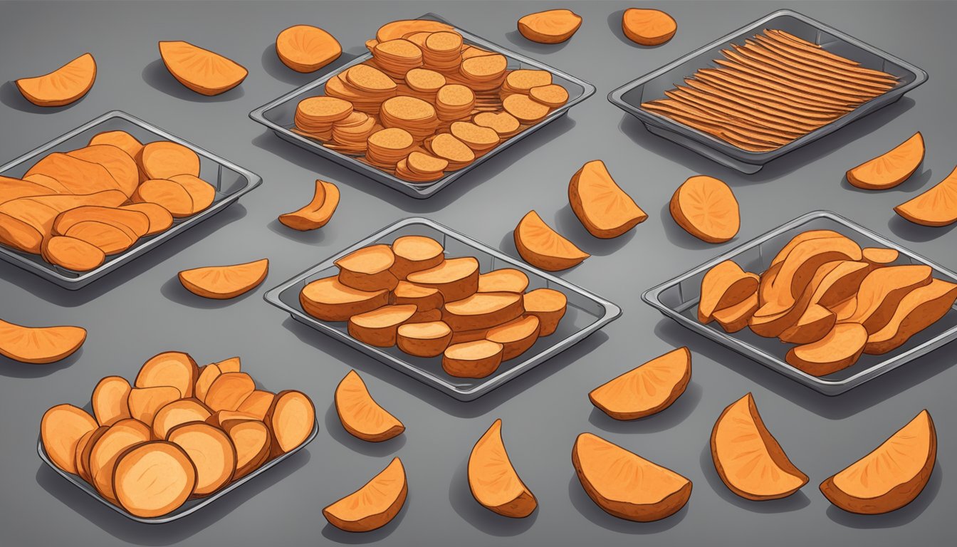 Sweet potatoes sliced and arranged on dehydrator trays, with seasoning sprinkled on top. Temperature and time settings adjusted for dehydration process