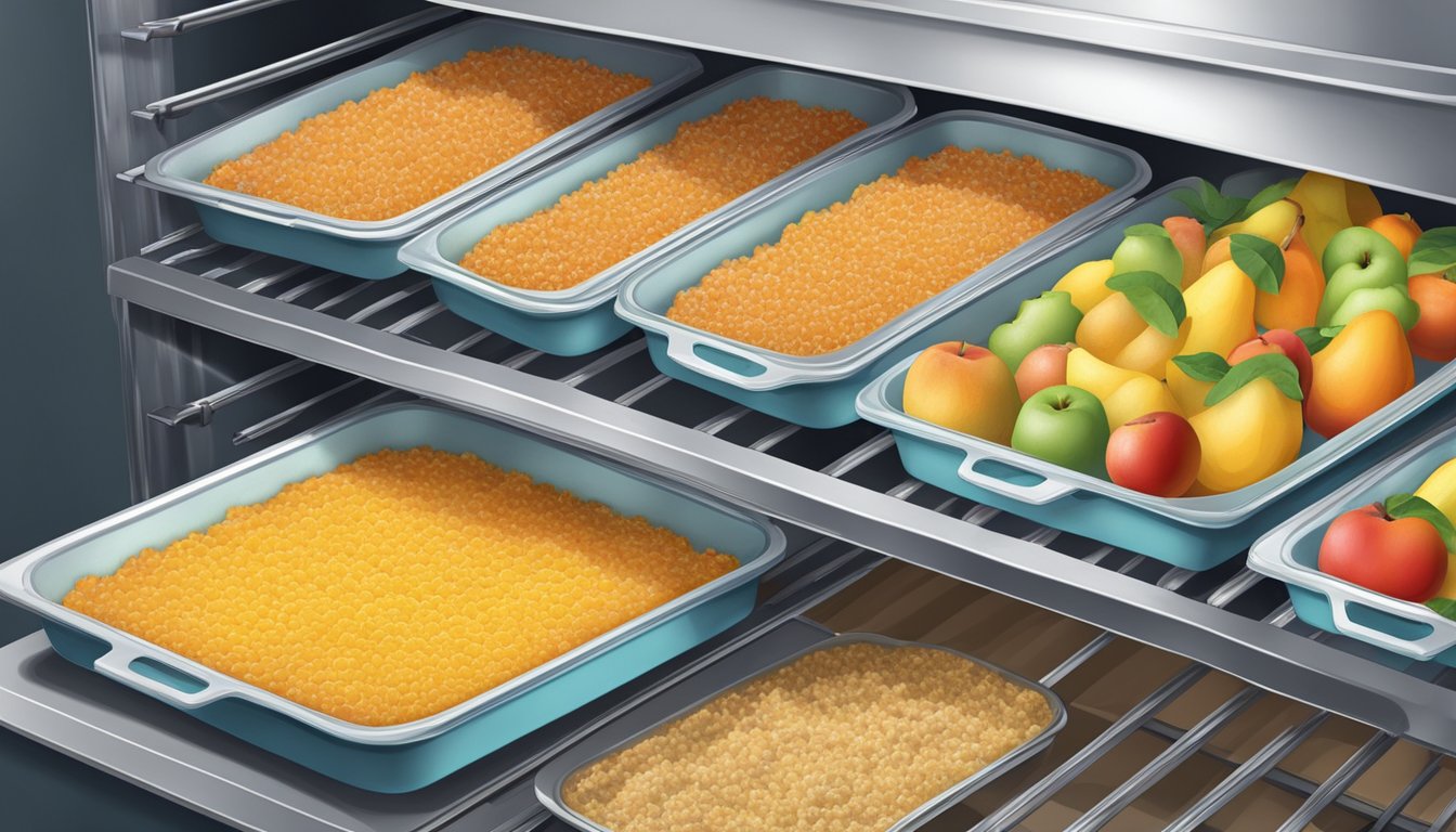 Fresh fruit pulp spread on baking trays, set inside a preheated oven, with the door slightly ajar to allow moisture to escape