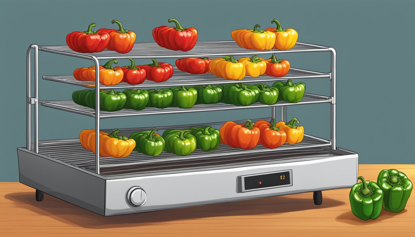 Fresh bell peppers sliced and arranged on a wire rack in a preheated oven, with warm air circulating to dehydrate them