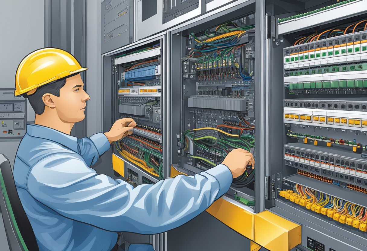 A technician connecting cables to a control panel with safety protocols and best practices 2000/12 can bus code