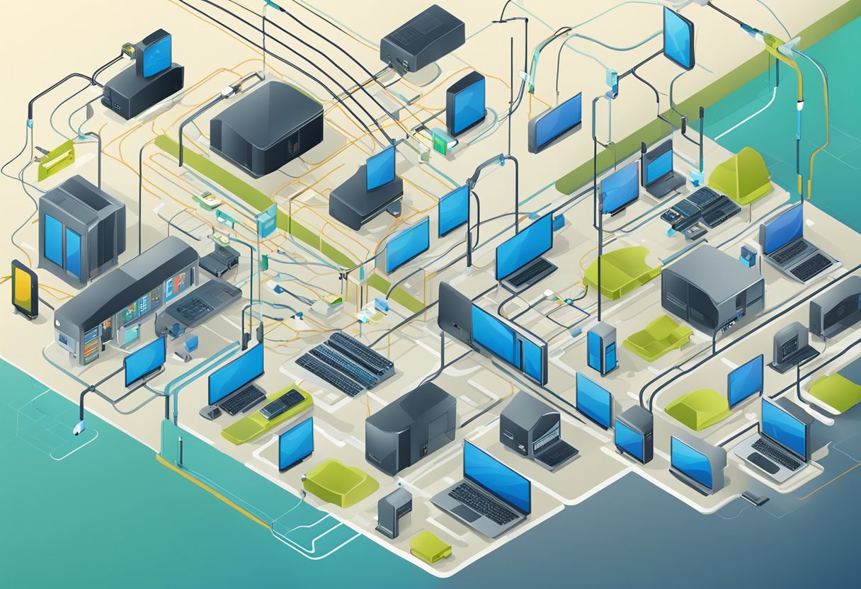 A network of interconnected electronic devices with data flowing through a central bus system