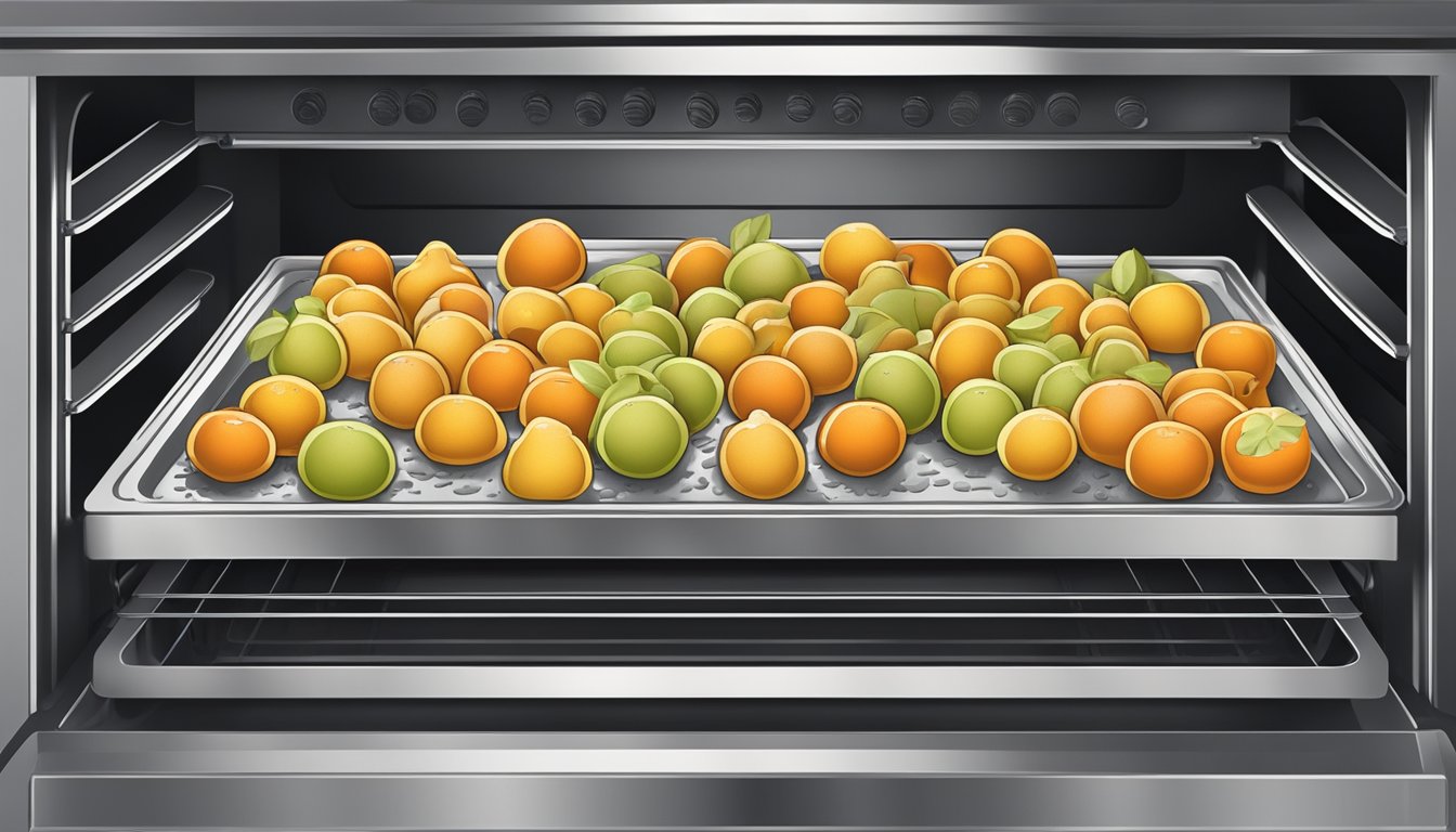 A tray of fruit pulp sits in an open oven, heat waves rising as the moisture is slowly removed