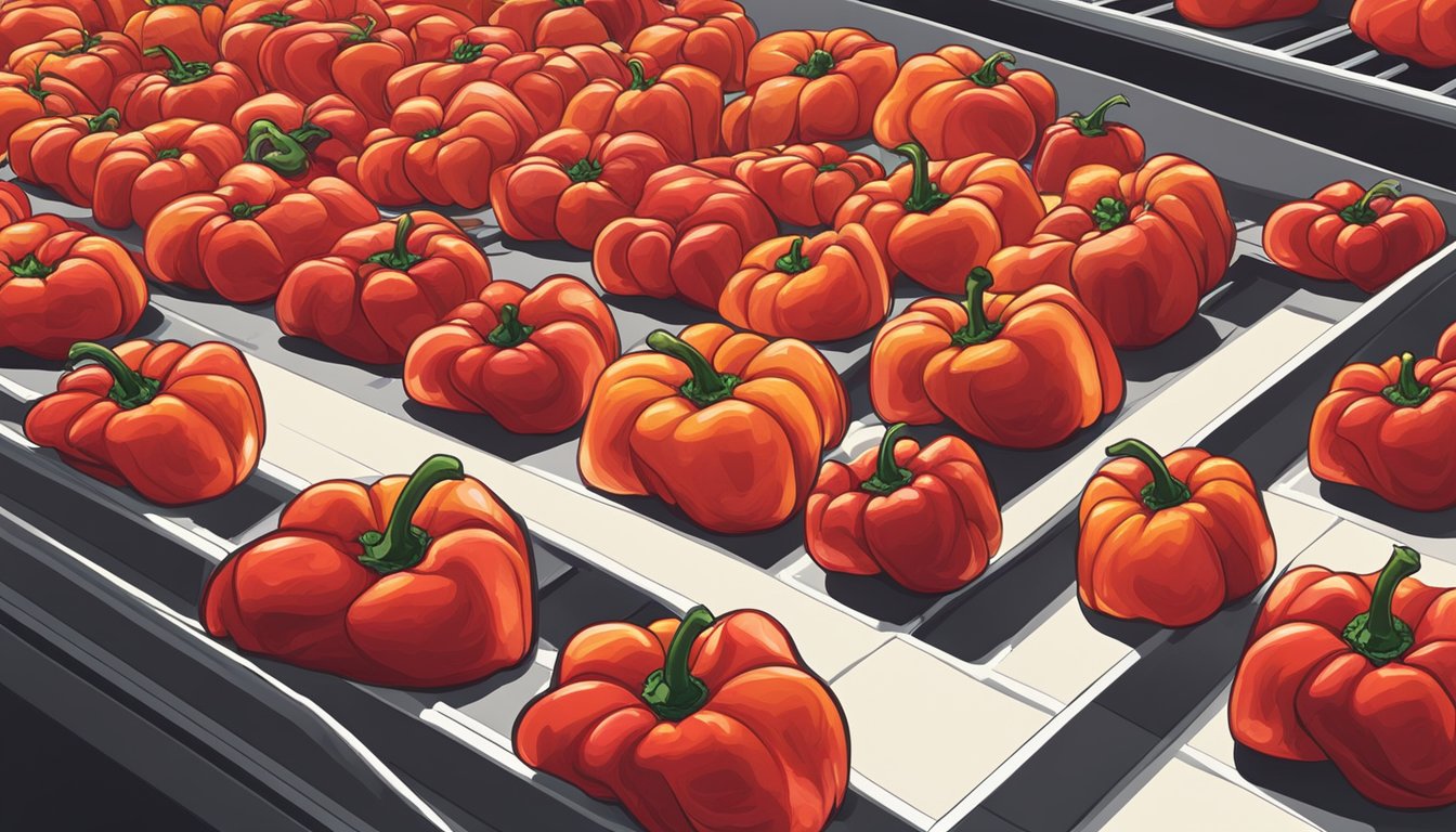 Fresh red bell peppers sliced and arranged on dehydrator trays. Sunlight streaming through a nearby window