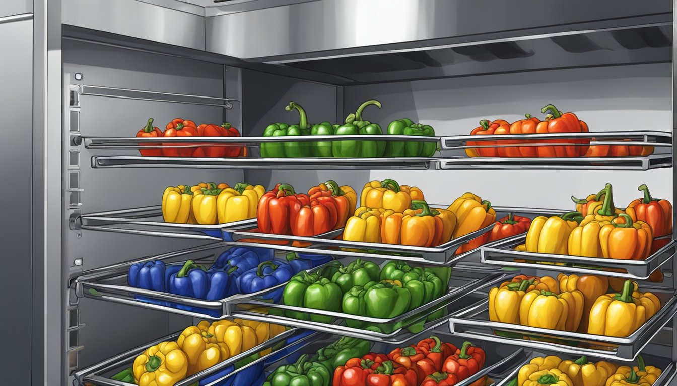 Fresh bell peppers arranged on wire racks in a preheated oven, with the oven door slightly ajar to allow for air circulation