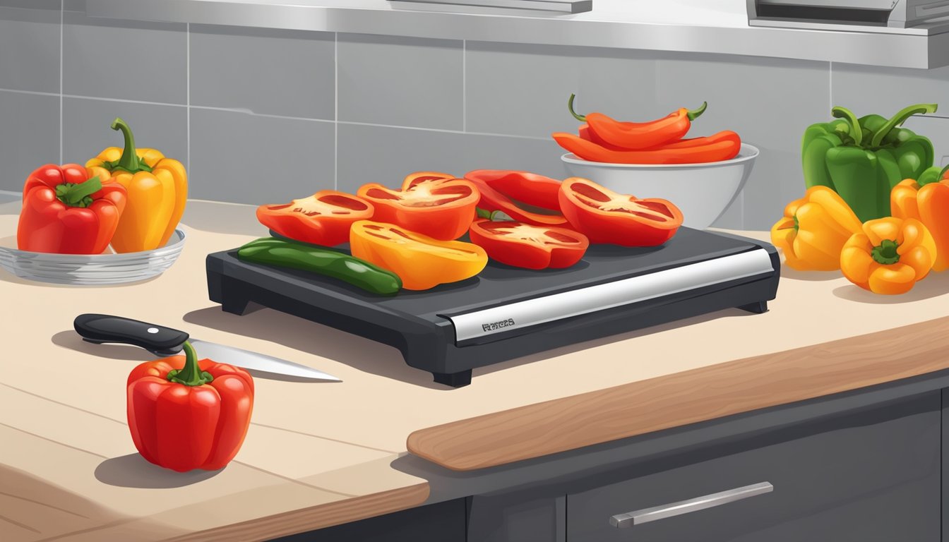 A cutting board with sliced red bell peppers, a knife, and a dehydrator on a kitchen counter