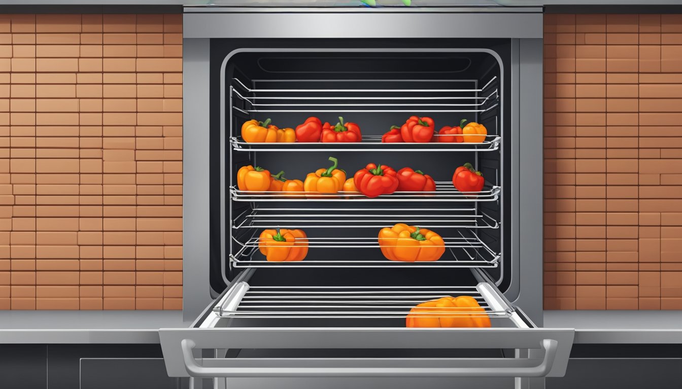 A red bell pepper sliced into thin strips arranged on a wire rack inside an oven, with the oven door slightly ajar to allow for air circulation