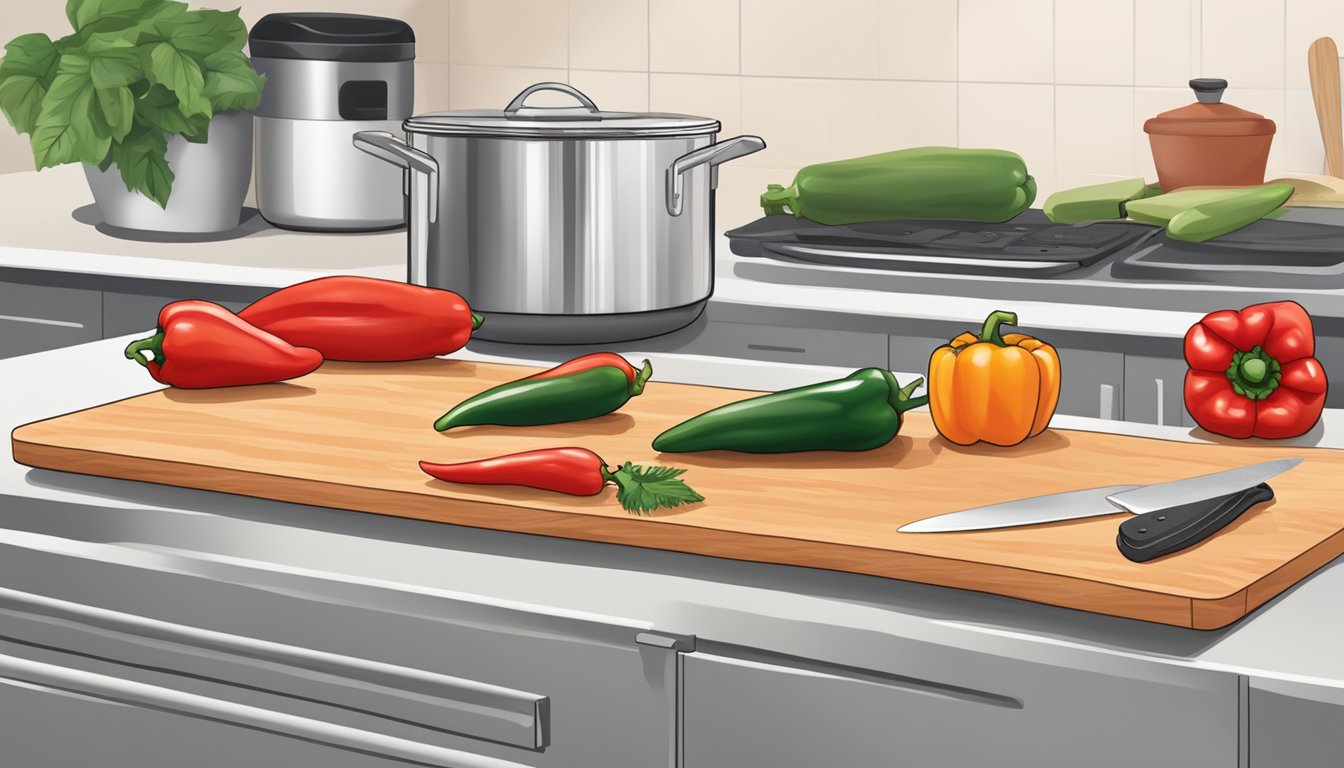 A kitchen counter with a dehydrator, cutting board, knife, and red bell peppers ready to be sliced and dehydrated