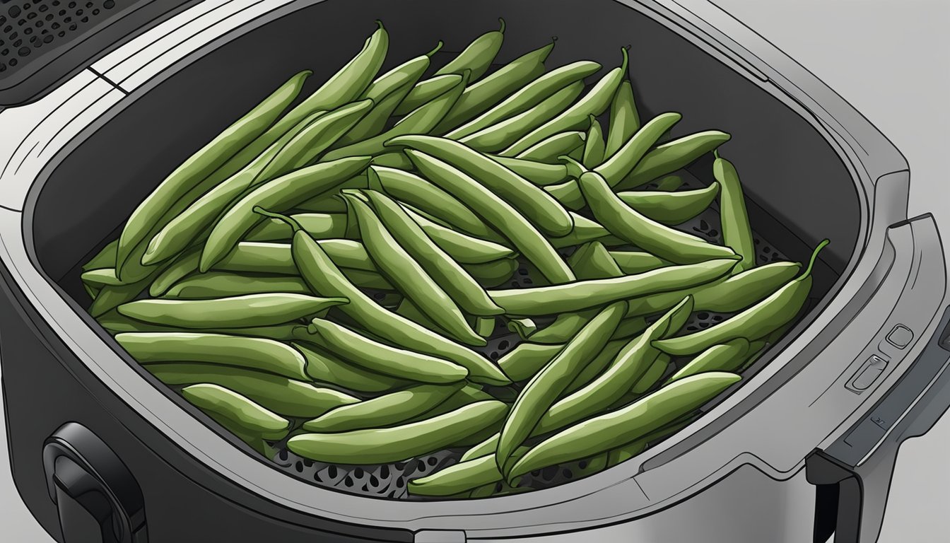 Fresh green beans arranged in a single layer inside an air fryer basket, with the air fryer turned on and set to the dehydrate function