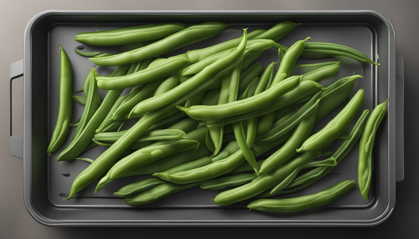 Fresh green beans arranged on air fryer tray, set to low heat, with door closed