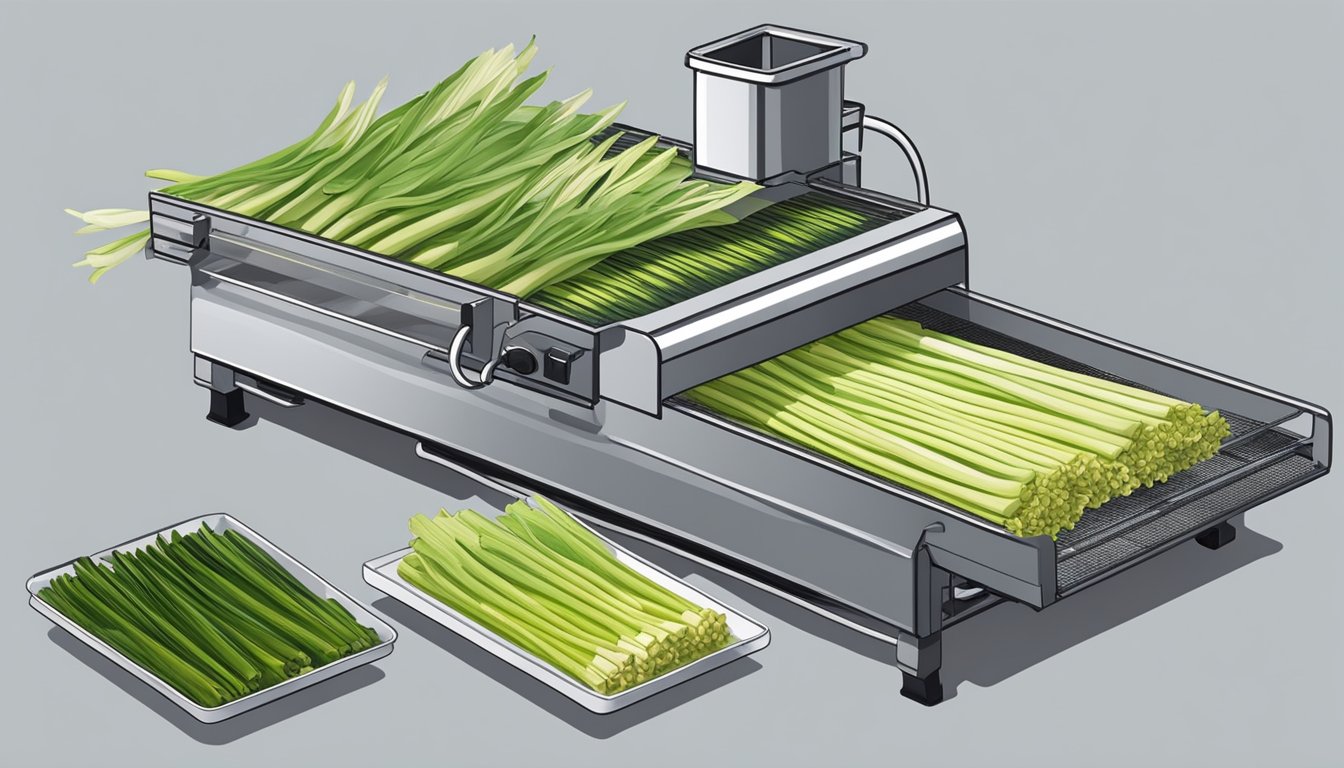 Leeks laid out on dehydrator trays, with the machine set to low heat