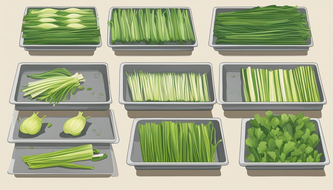 Leek greens being sliced and arranged on dehydrator trays