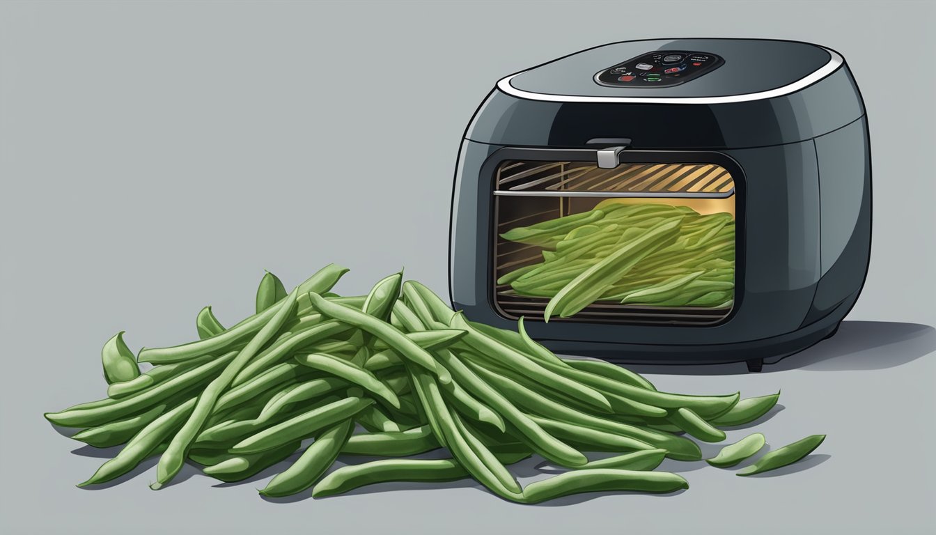 Dehydrated green beans arranged in an air fryer, with steam rising as they dry out, creating a crisp texture