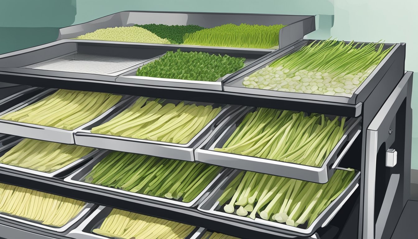 Leeks being sliced and laid out on dehydrator trays, with the dehydrator plugged in and running