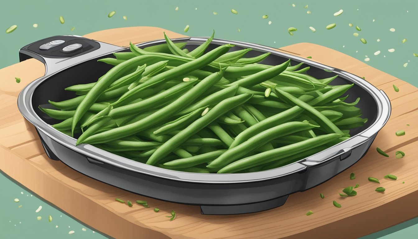 Fresh green beans arranged in a single layer on the air fryer tray, with a sprinkle of seasoning on top